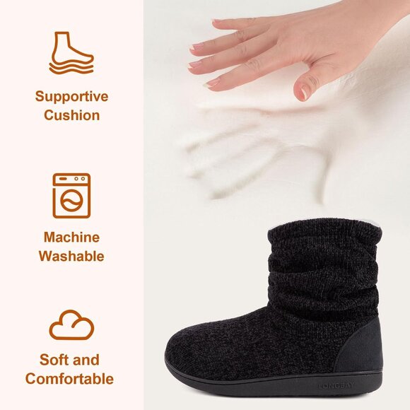 Women's Black Cozy Winter Warm Knit Memory Foam Non Slip Slipper Bootie Shoes - Picture 4 of 6